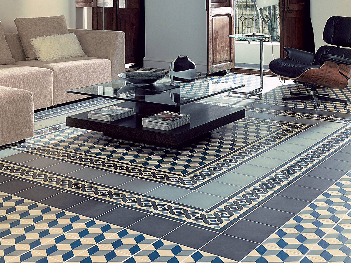 traditional patterned floor but with a modern twist, blending two different colours