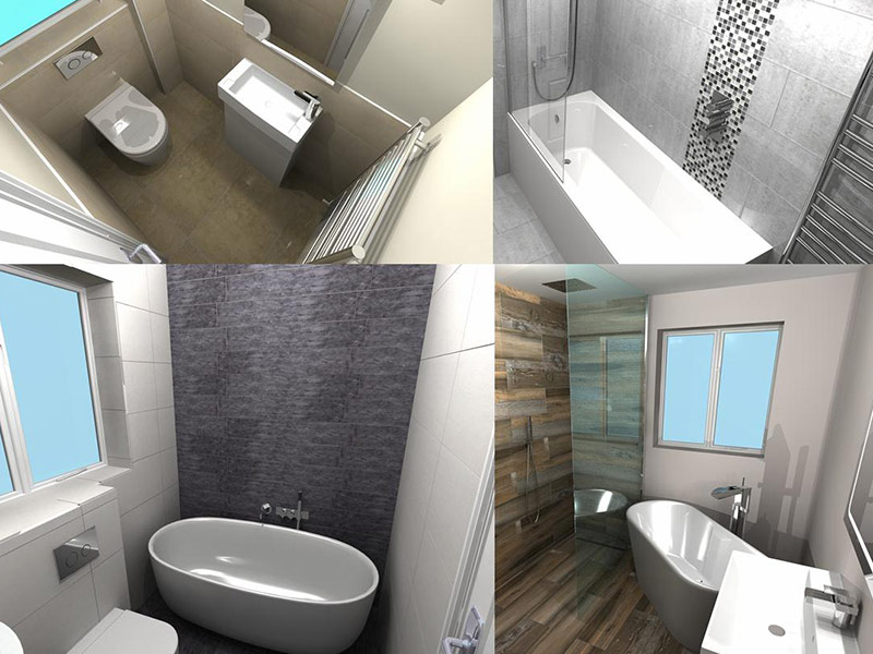 Collage of 3D rendered bathroom designs from DTW Ceramics