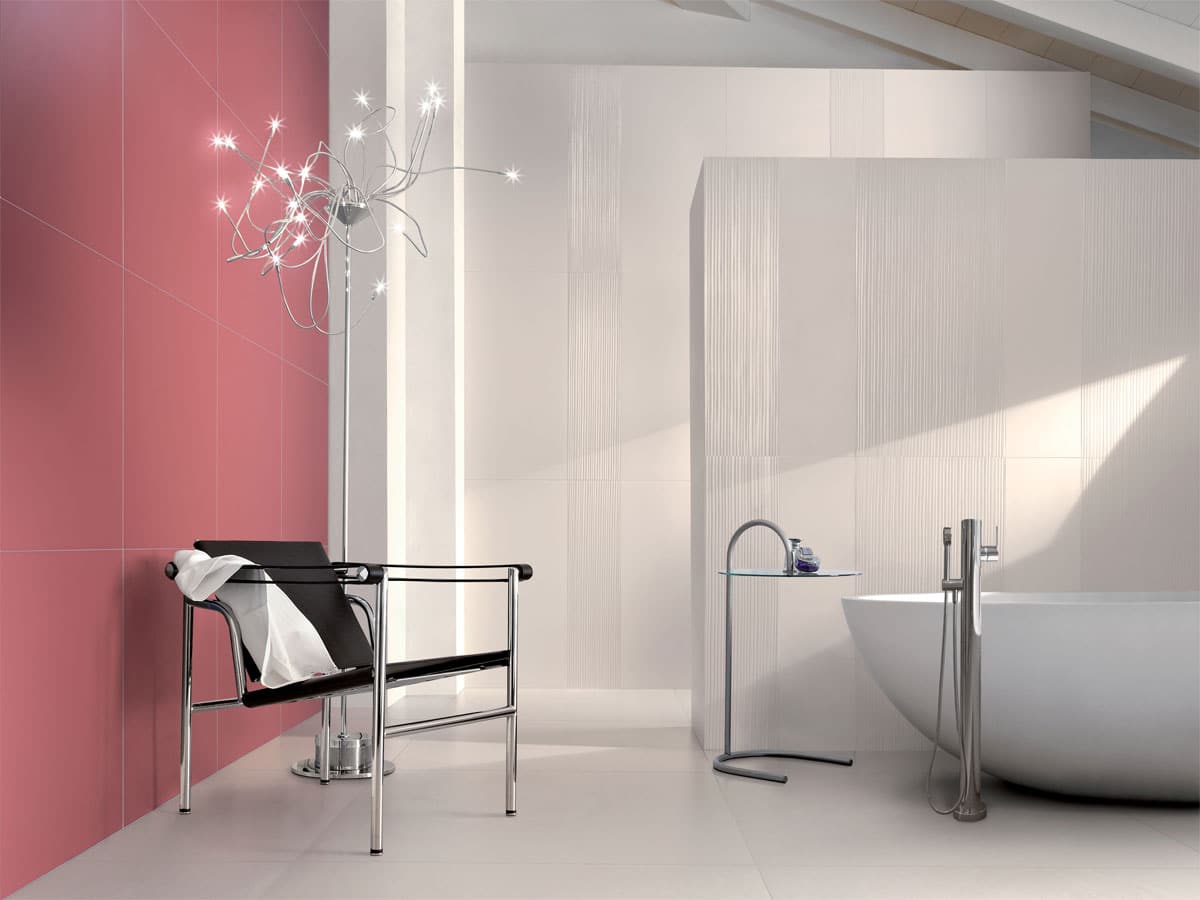 modern freestanding bath in a colourful bathroom