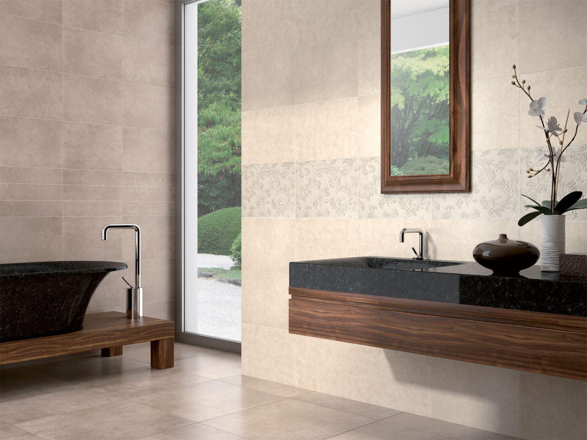 designer bathroom setting featuring Cloud Marfil wall tiles