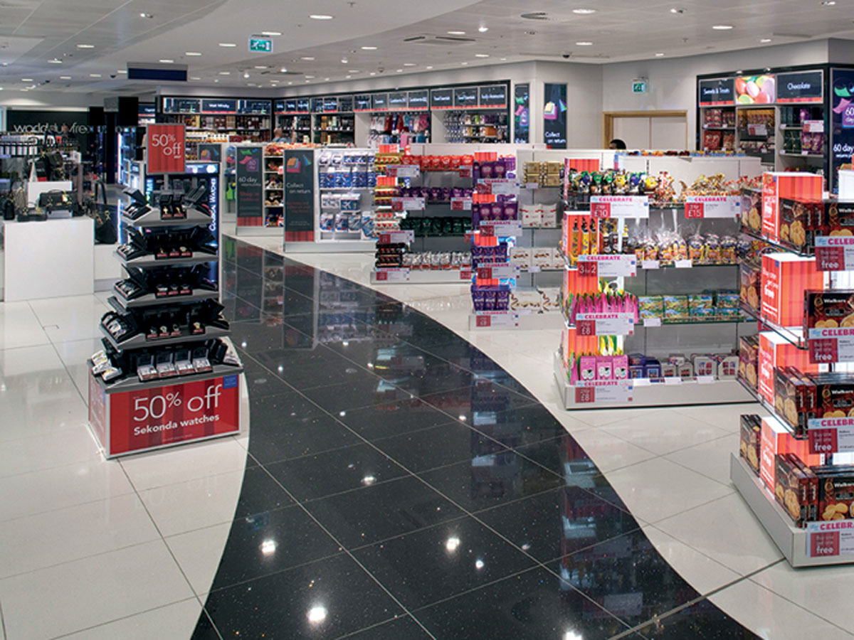 Duty free at Gatwick airport, featuring a custom walk way