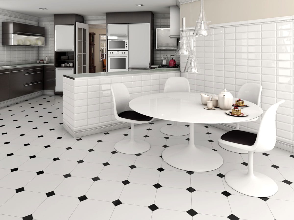 modern black and white themed kitchen with octagon floor tiles