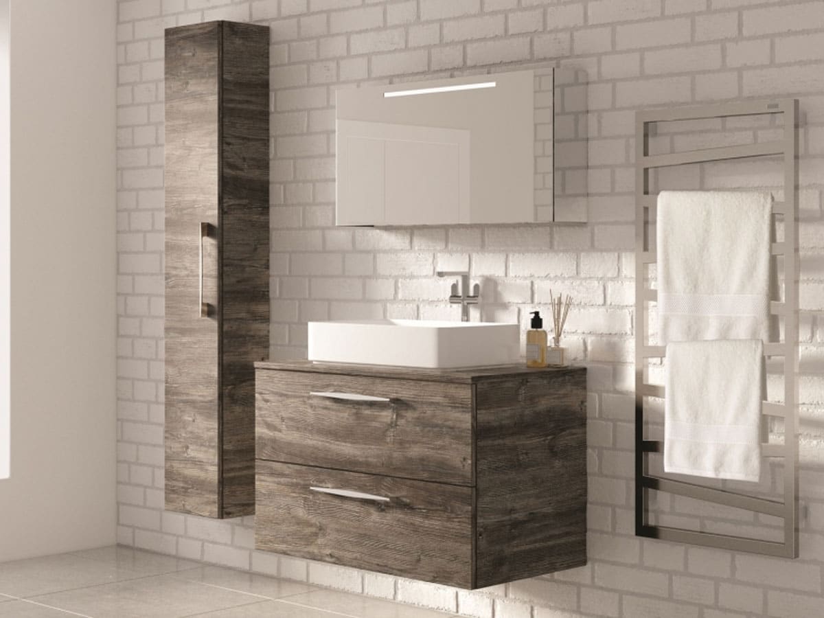 a desirable natural wood finished basin unit and matching cupboard