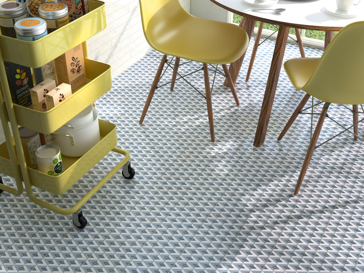 modern, patterned kitchen floor with contrasting lime green chairs and basket