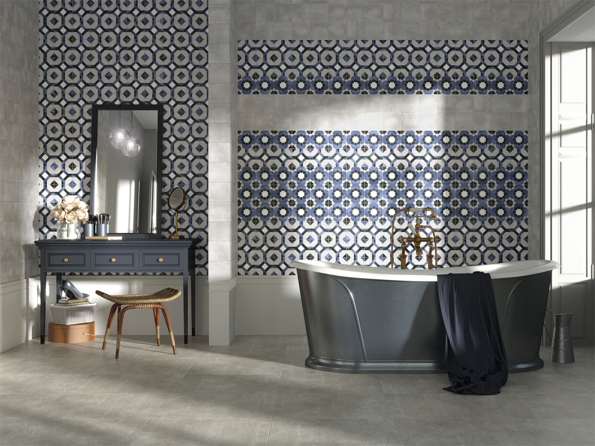 uniquely styled bathroom wall featuring different patterned tiles