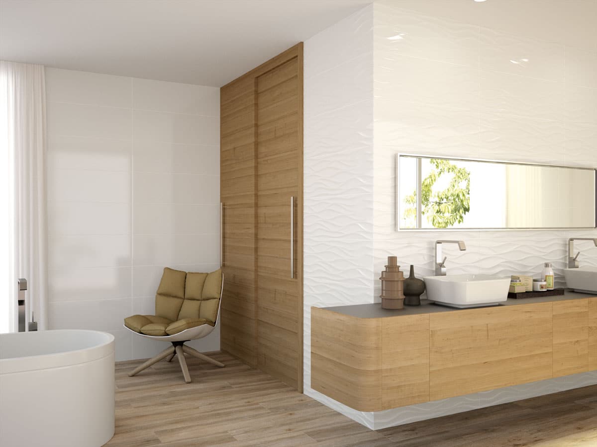 modern bright bathroom with natural wood doors and cabinets