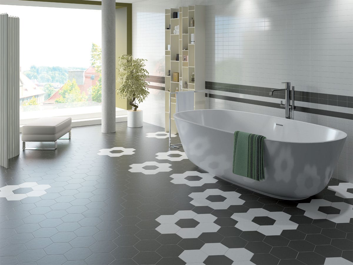 satin black and white hexagon tiles in a bathroom setting