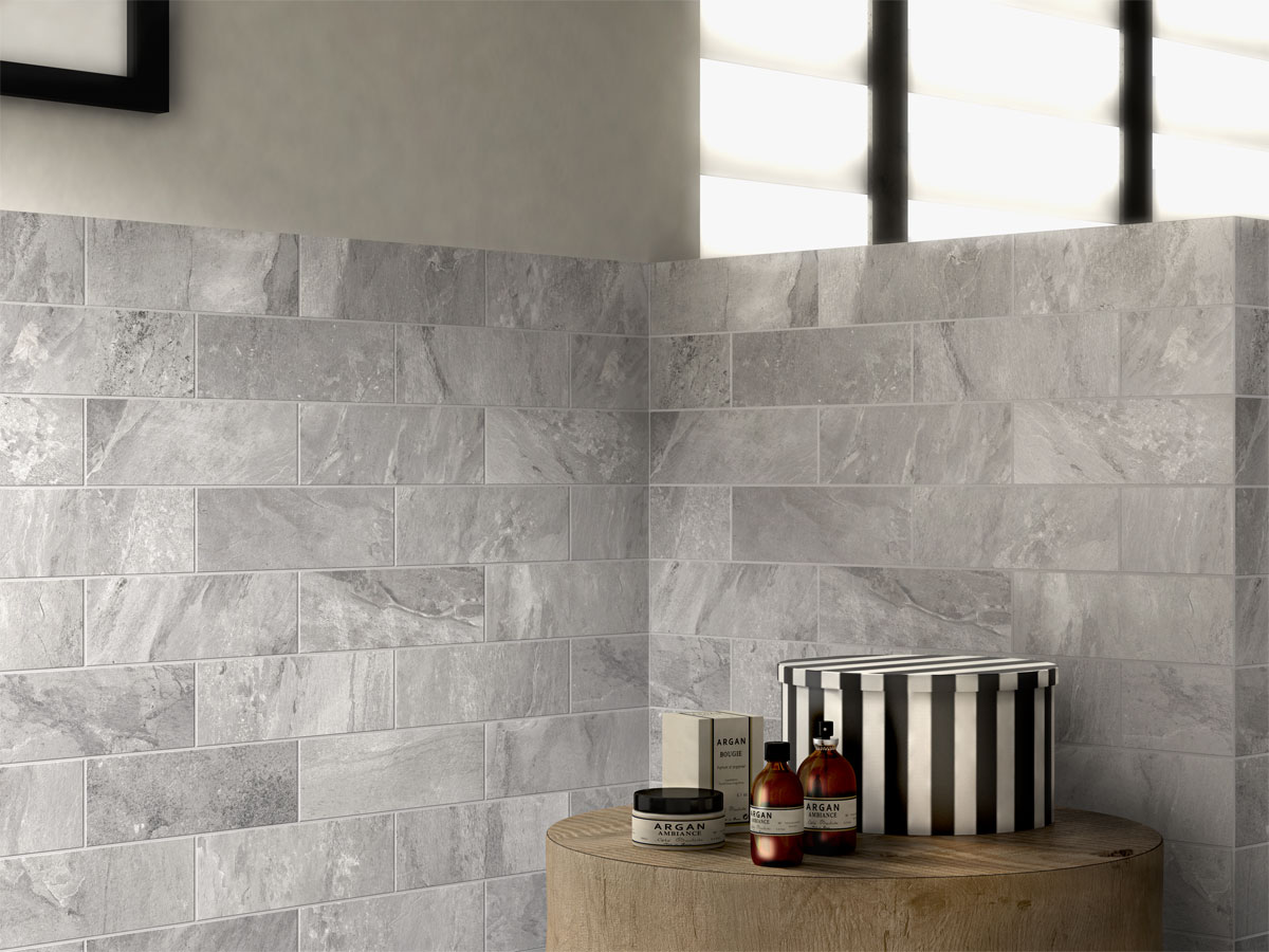 half height wall tiled in stylish stone effect wall tiles