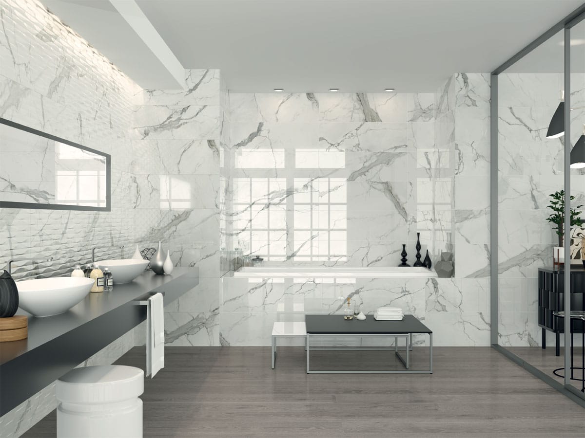 stylish bathroom with gloss marble effect tiles