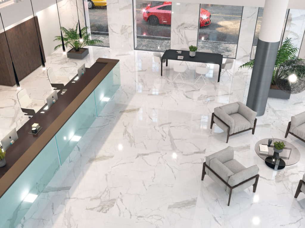 large format, gloss marble effect floor tiles in office reception