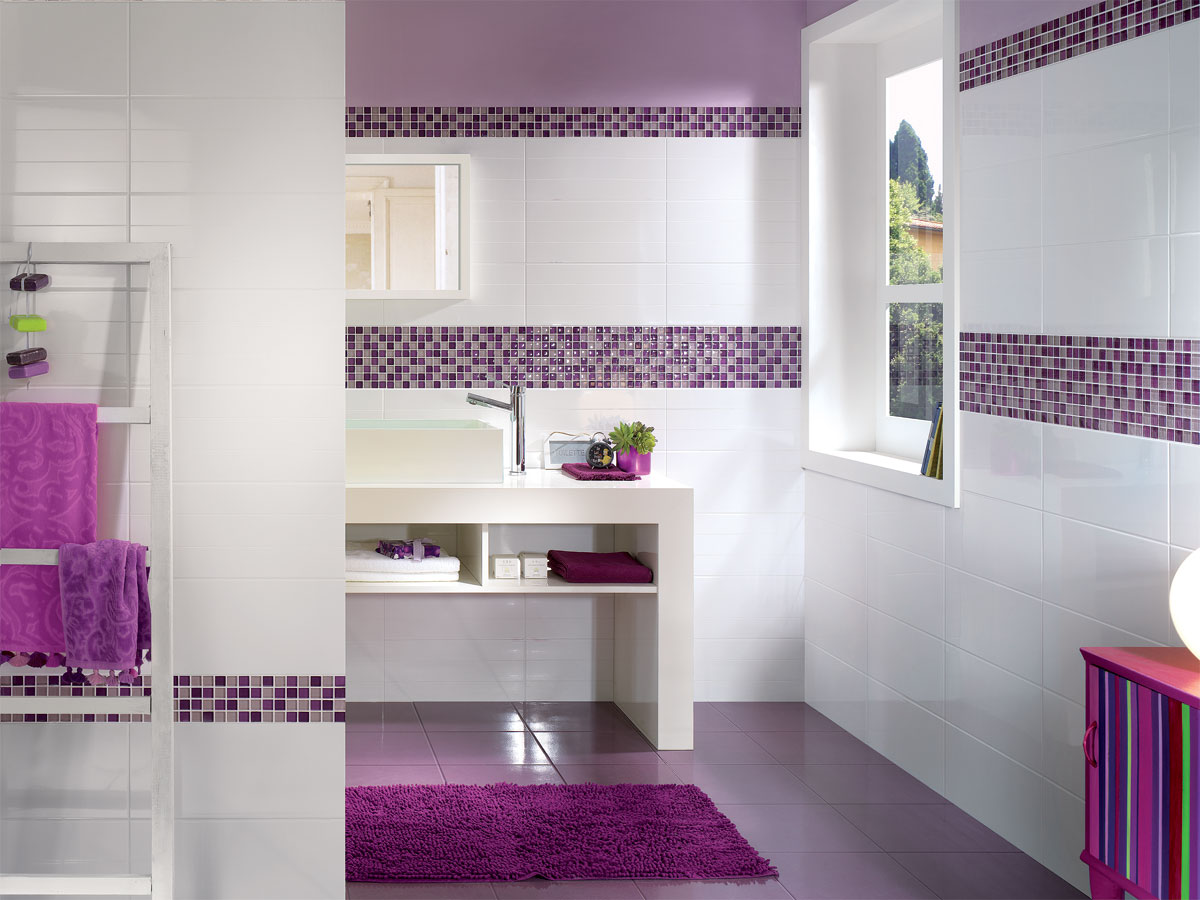 a bright and vibrant bathroom using deep purples and white tiles