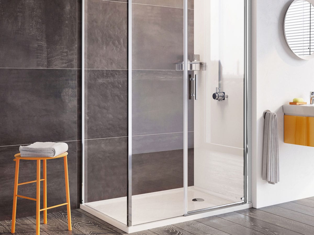 modern shower enclosure with a hinged door