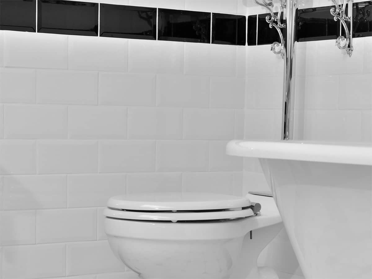 traditional bathroom setting with black and white tiles