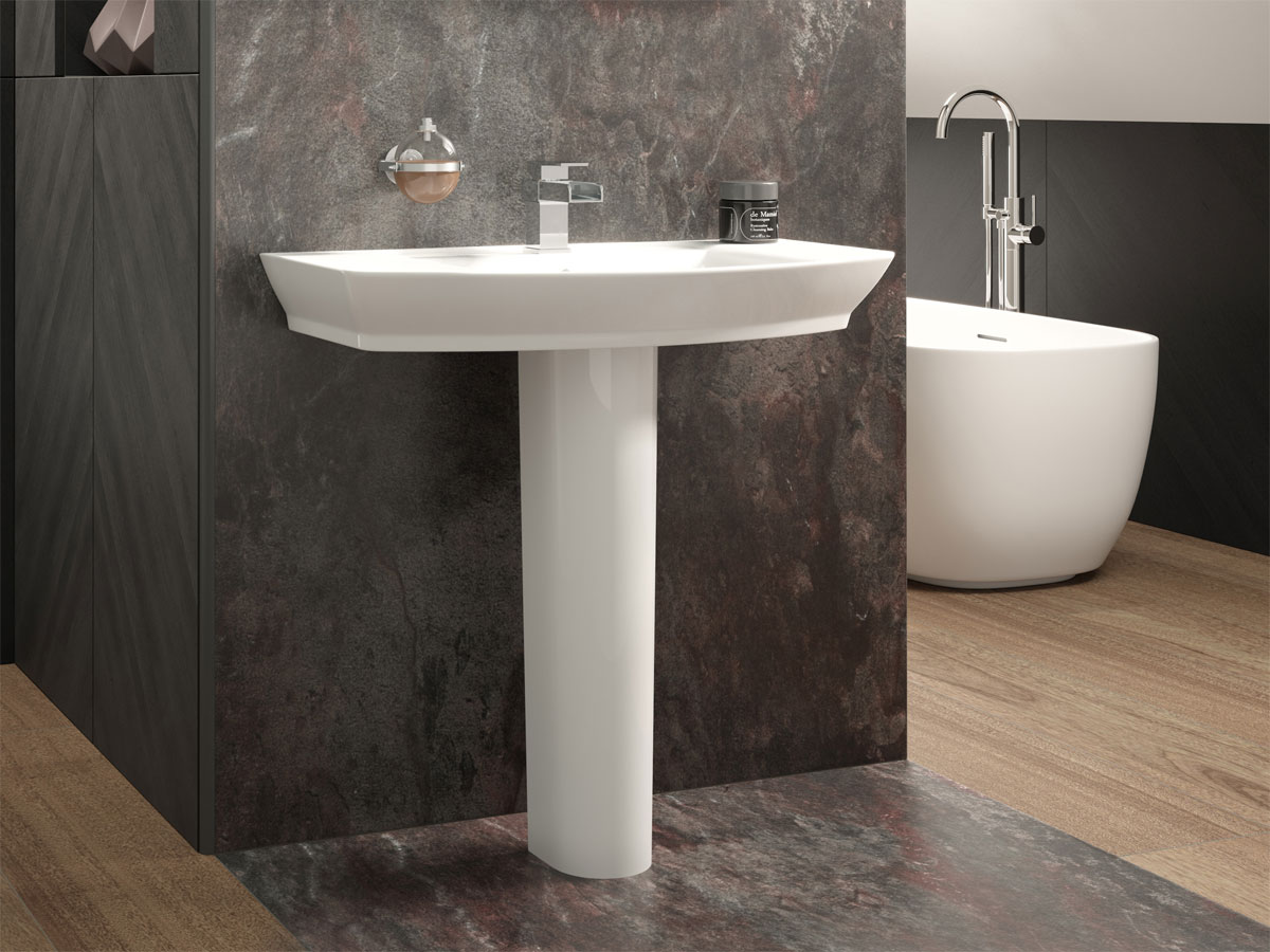 modern, large basin and pedestal with an elegant marble splash back