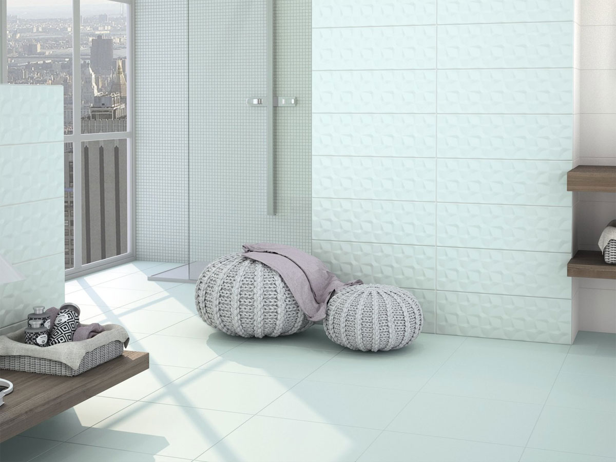 designer bathroom with white wall and floor tiles