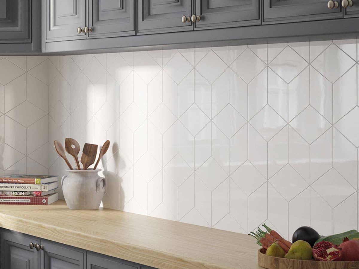 geometric style splash back created with white rhombus tiles