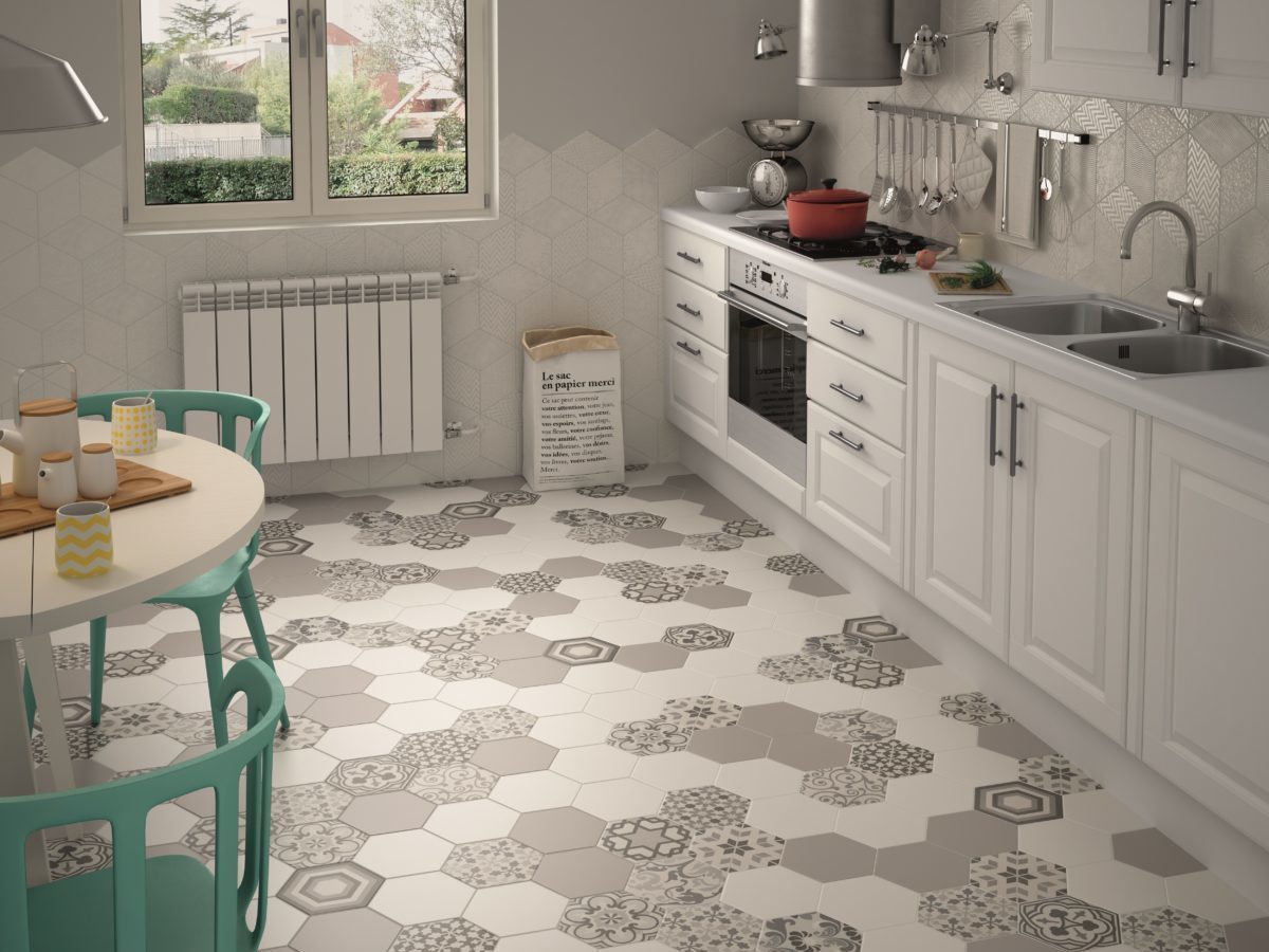 patterned hexagon tiles on a stylish kitchen floor