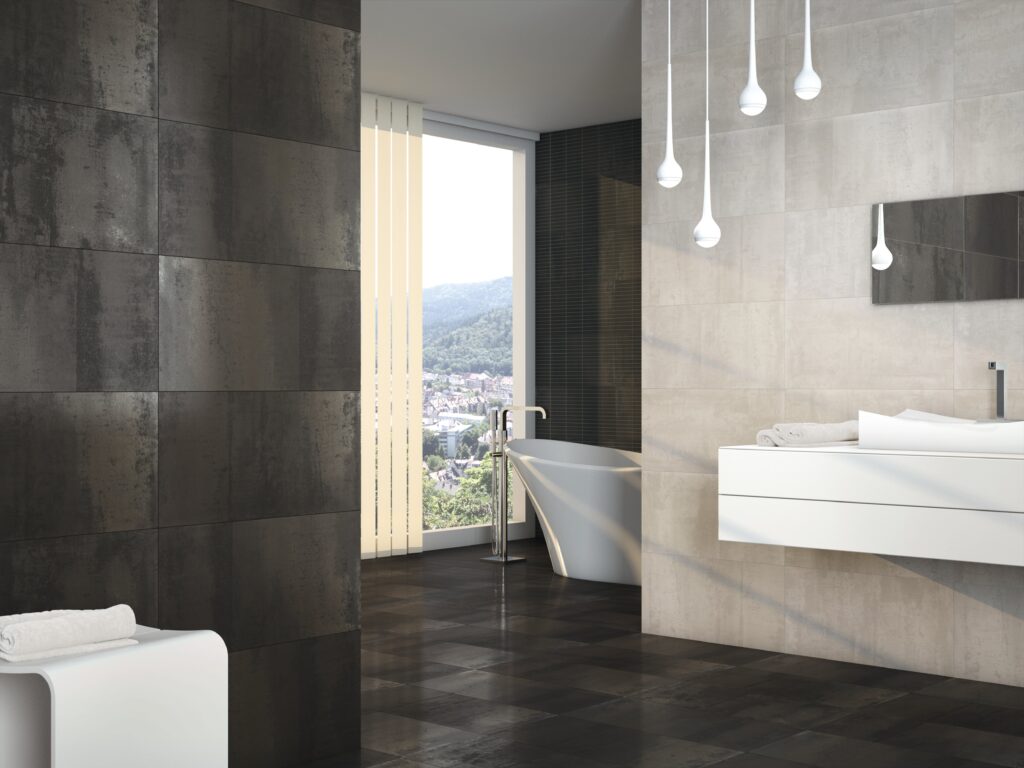 metallic effect tiles bathroom